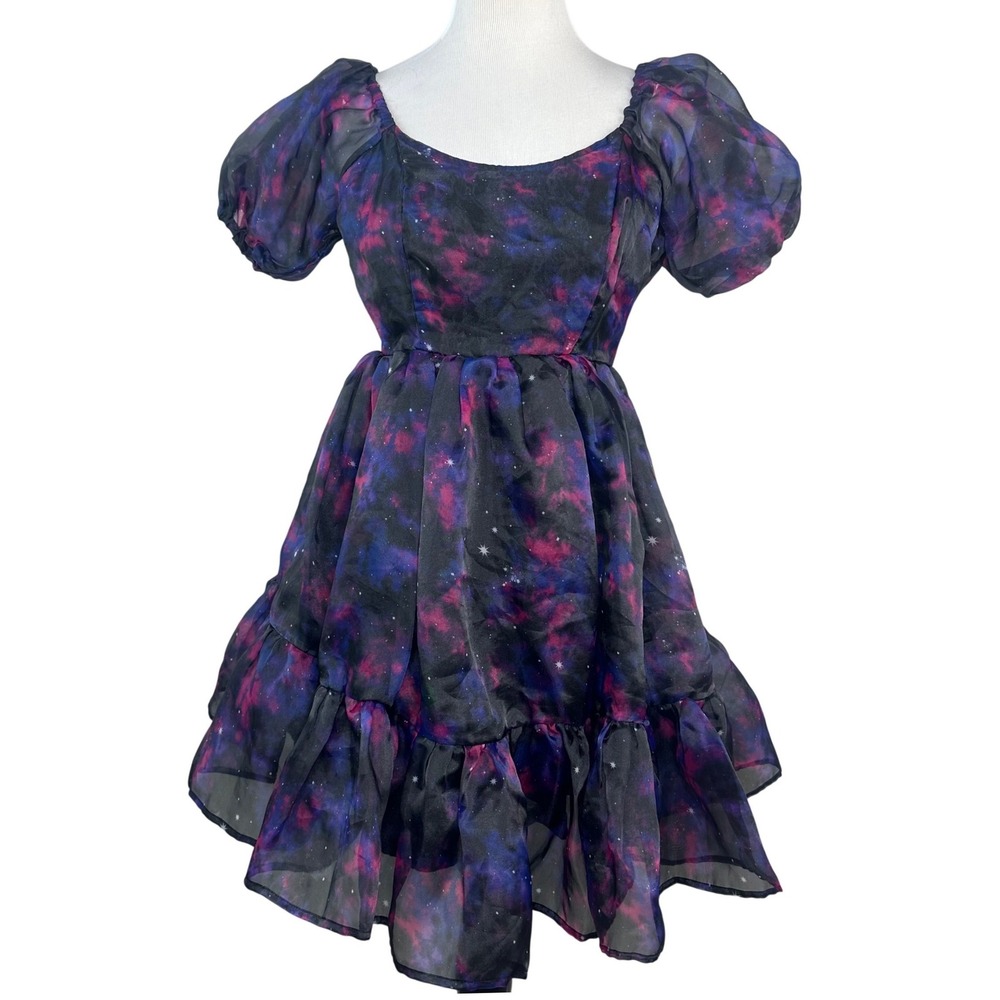 Cosmic Aura Galaxy Print Puff Sleeve Ruffle Mini Dress Purple Black M Whimsigoth